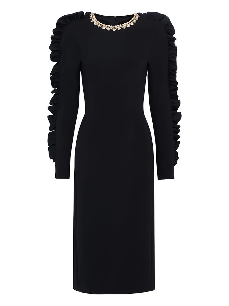 Autumn Star Fashionable Stringy Selvedge Three Dimensional Decoration Long Sleeve Mid Length Dress - Image 2