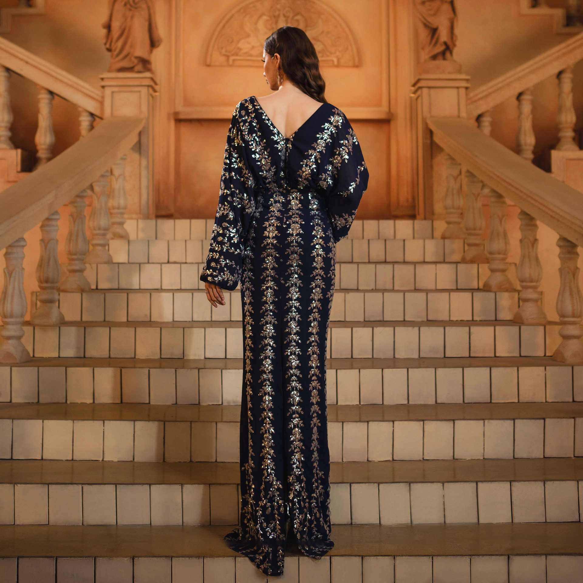 High End Long Sleeved V neck Slim Fit Sheath Sequined Cocktail Fishtail Evening Dress - Image 3