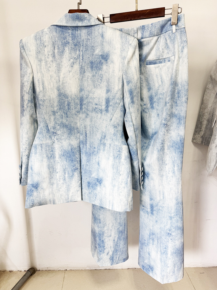 Spring Tie Dyed Printed Slim Fit Mid Length Blazer Trousers Two Piece Set - Image 3