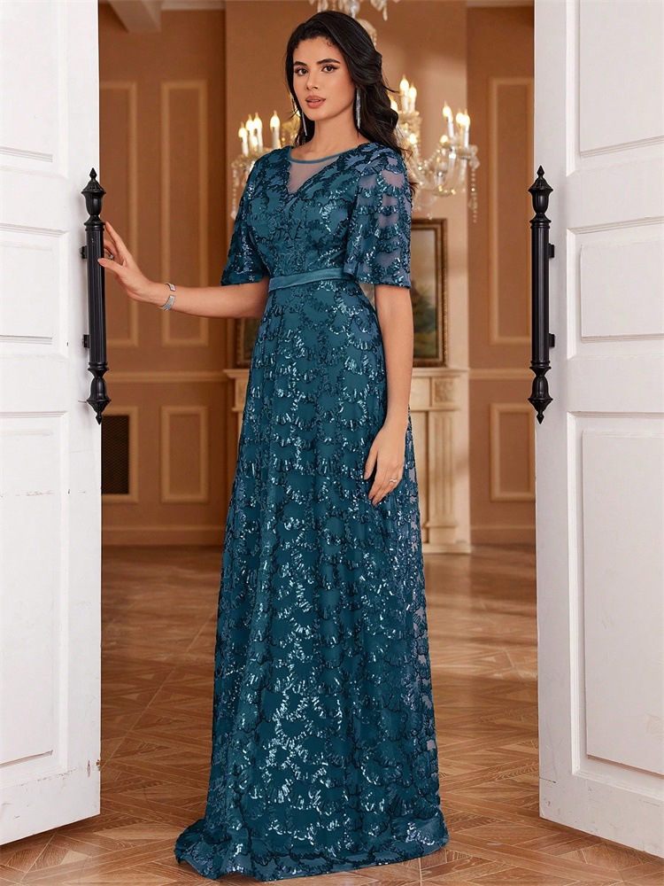 Sequined A line Elegant Square Collar Short Sleeve Party Dress - Image 3
