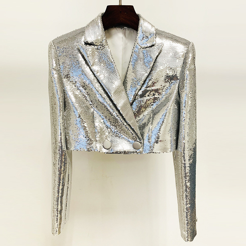 Metallic Coated Fabric Goods Personality Bling Shiny Sequ Short Suit Mid Length Skirt Set Two Piece Set - Image 2
