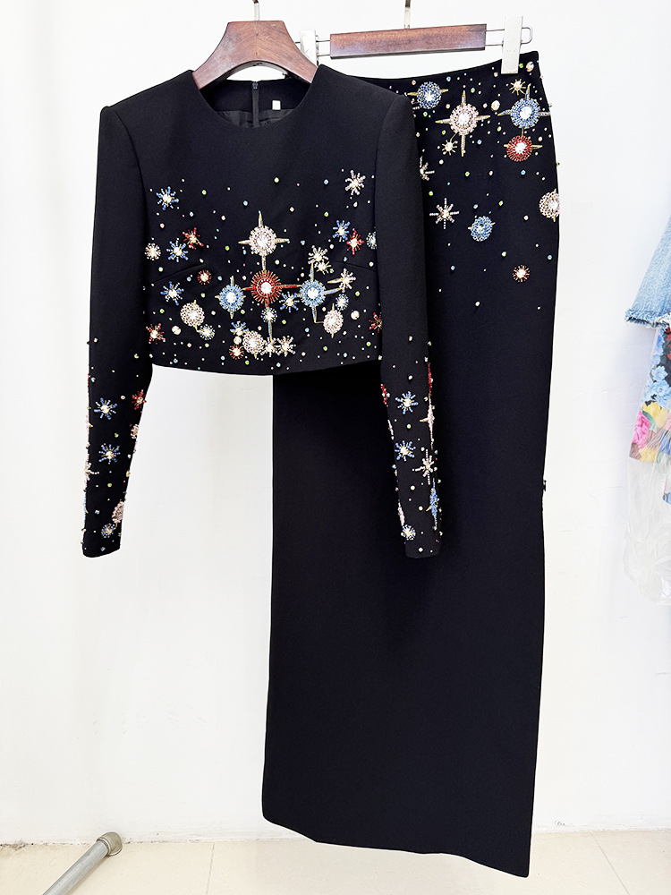 Women Rhinestone Beaded Short Top Skirt Two Piece Set - Image 8