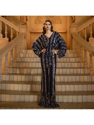 High End Long Sleeved V neck Slim Fit Sheath Sequined Cocktail Fishtail Evening Dress