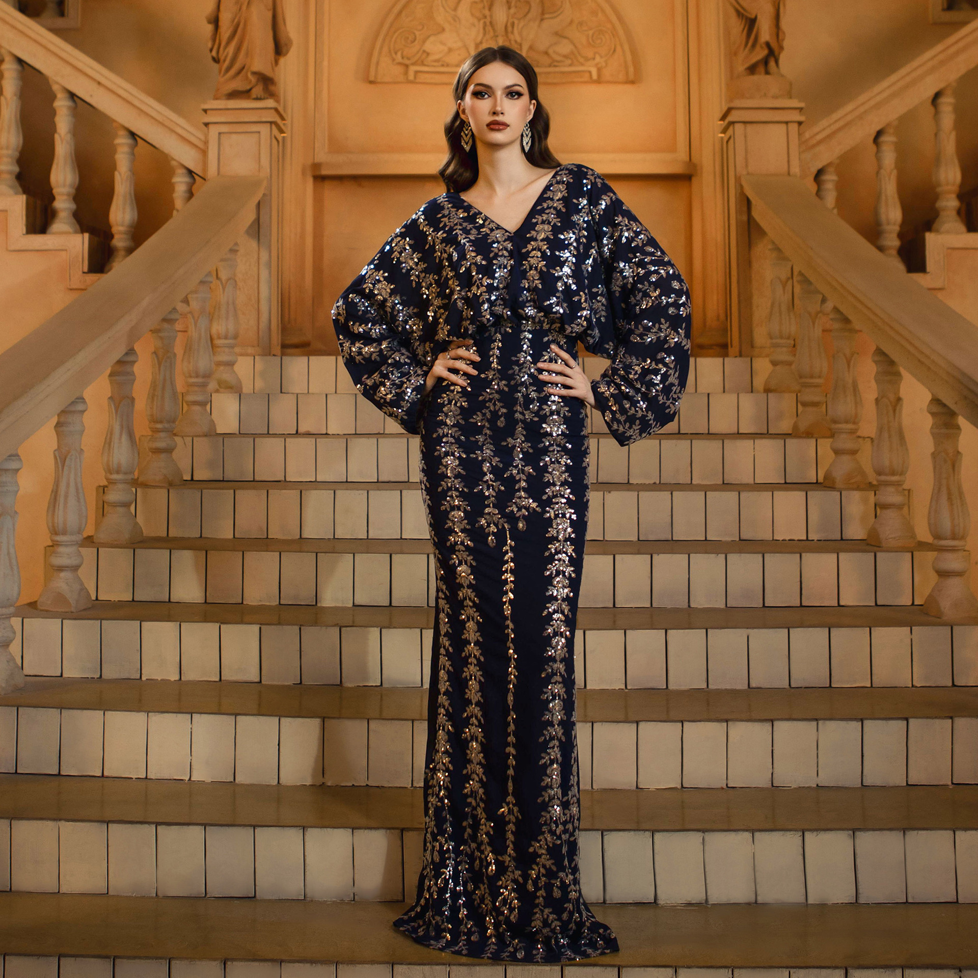 High End Long Sleeved V neck Slim Fit Sheath Sequined Cocktail Fishtail Evening Dress