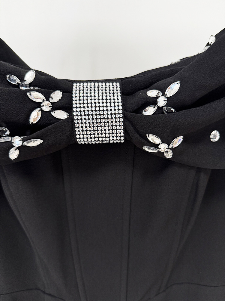 Off Shoulder Beads Rhinestones Mid Length Dress - Image 5