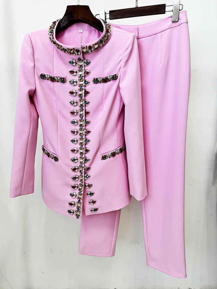 Early Spring Heavy Industry Beads Diamond Jacket Jacket Skinny Pants Two Piece Set - Image 2