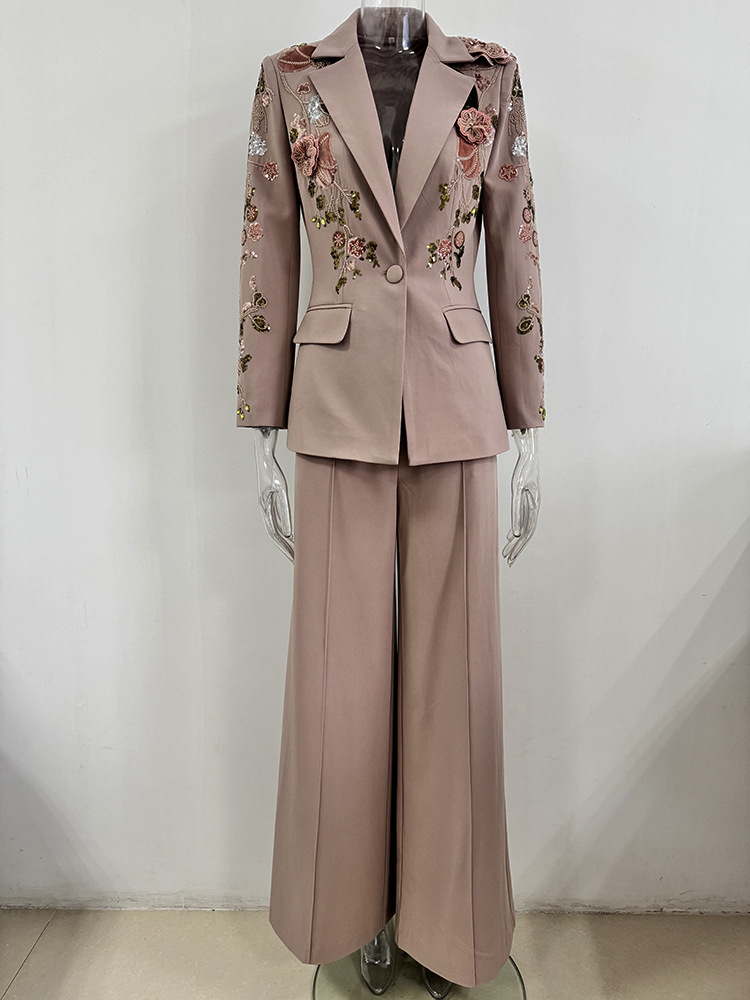 Heavy Industry Beads Three Dimensional Floral Jacket Coat Wide Leg Pants Two Piece Set - Image 2