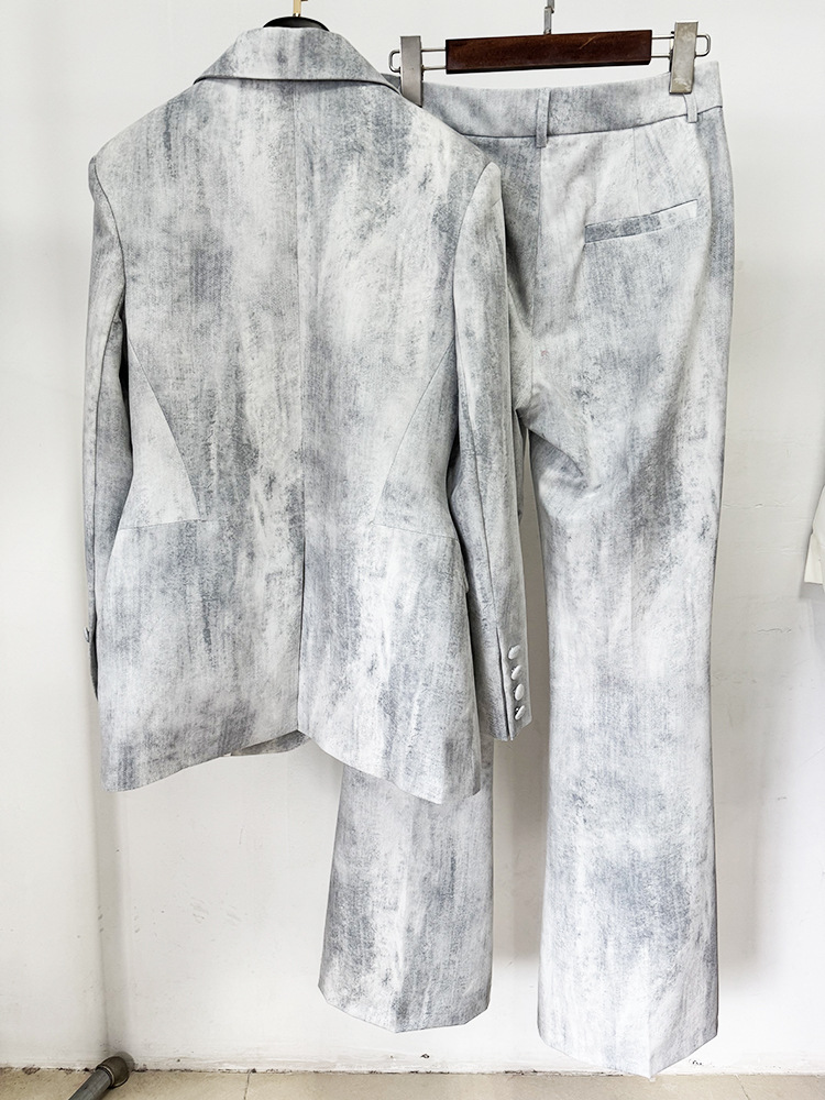 Spring Tie Dyed Printed Slim Fit Mid Length Blazer Trousers Two Piece Set - Image 12
