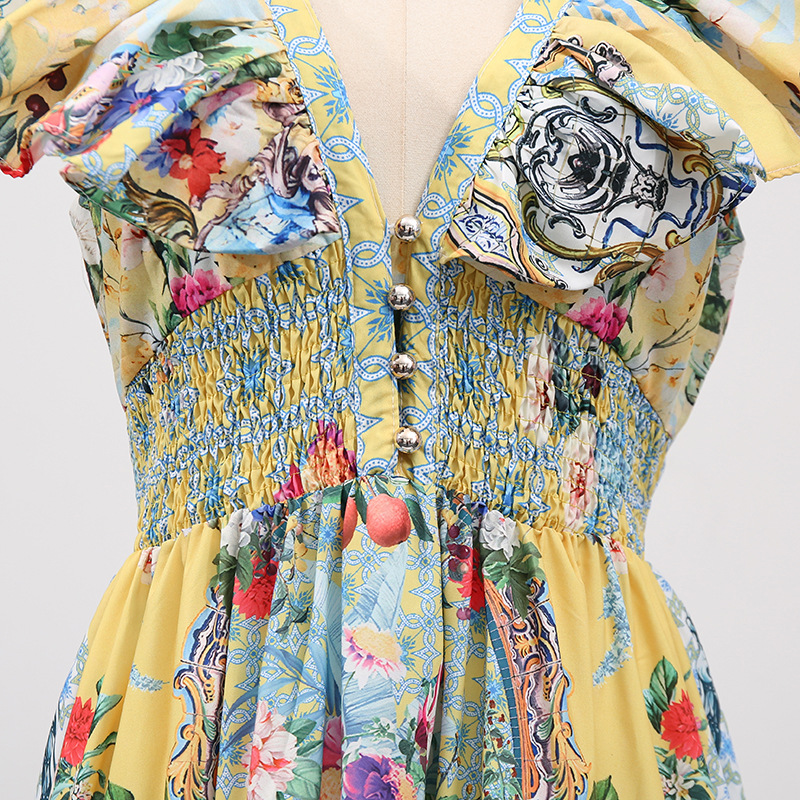 Bohemian Vacation Maxi Dress Printed Painted V neck Slim Fit Slimming Dress - Image 7