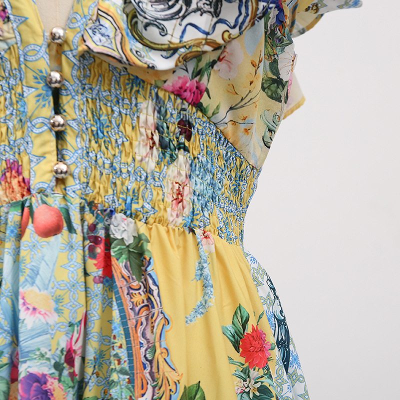Bohemian Vacation Maxi Dress Printed Painted V neck Slim Fit Slimming Dress - Image 9