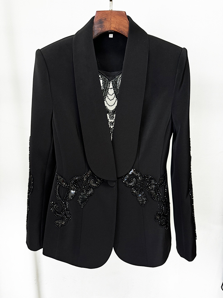 Spring Stars Mesh Patchwork Heavy Industry Beads Blazer Chiffon Trousers Two Piece Pant Sets - Image 2