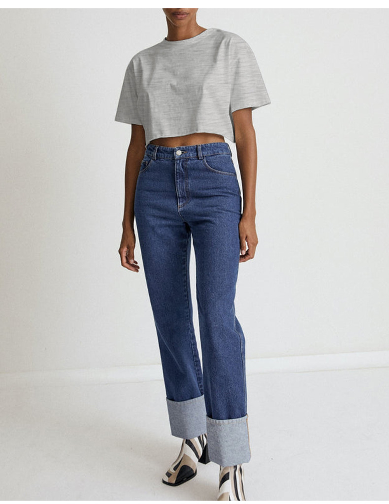 Short Sleeved T shirt Summer Pure Cotton Solid Color Cropped Round Neck Top - Image 10