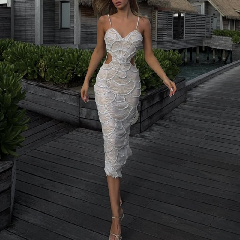 Light Luxury High Grade Beaded Sequ Cropped Outfit Hip Spaghetti Straps Dress