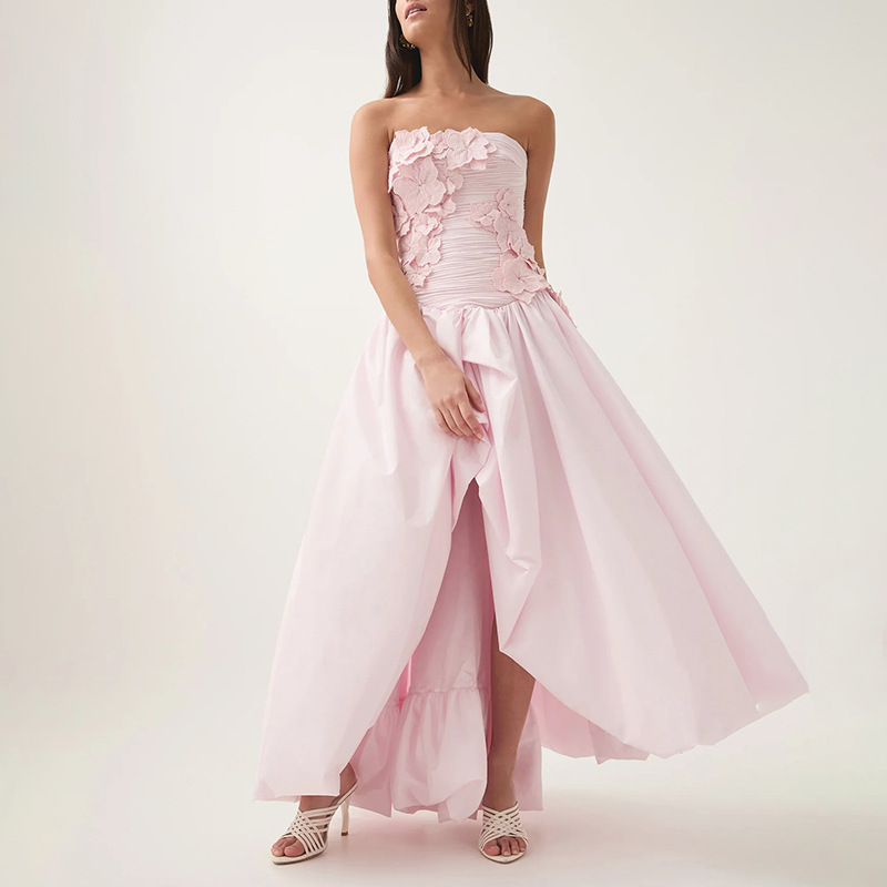 Side Slit Three Dimensional Floral Collage Design Off Shoulder Dress