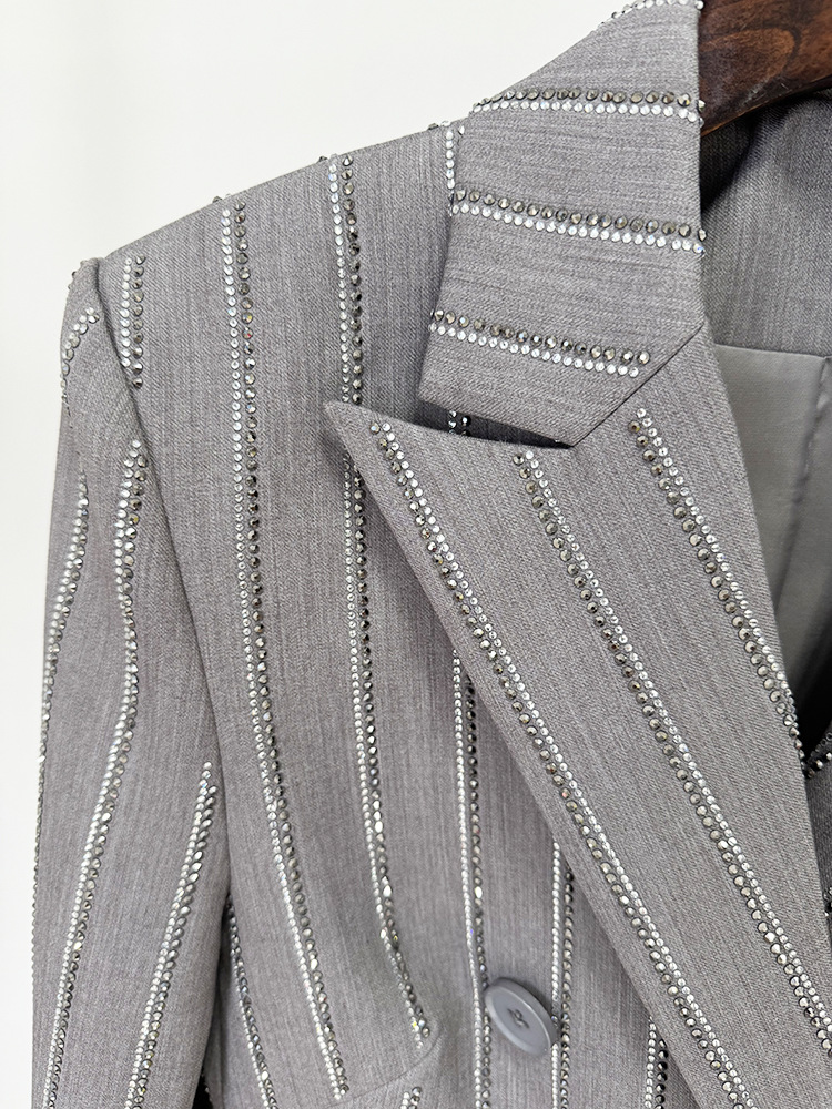 Spring Advanced Gray Heavy Embroidery Drilling Double Breasted Work Pant Two Piece Set - Image 4