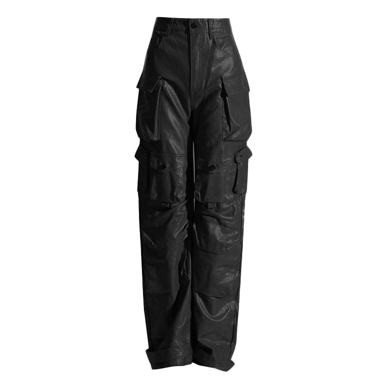 Unique High Waist Large Pocket Faux Leather Straight Leg Pants - Image 4