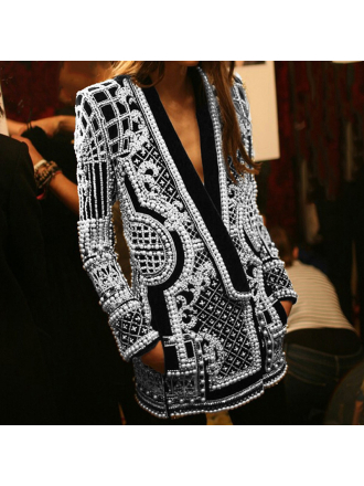 Bubble Beads Printed Wear V neck Long Sleeved Thickened Mid Length Blazer