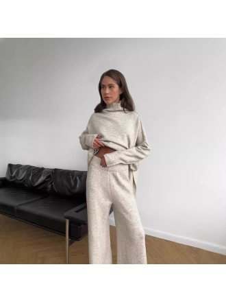 High Neck Split Wool Sweater Loose Casual Lazy Knitted Trousers Two Piece Set