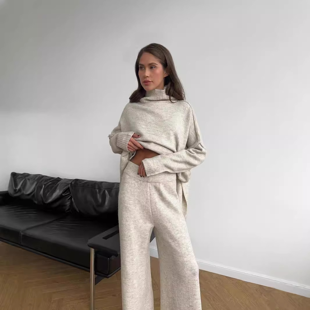 High Neck Split Wool Sweater Loose Casual Lazy Knitted Trousers Two Piece Set