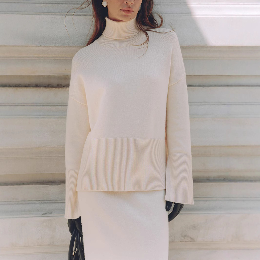 Turtleneck Sweater Skirt Set Loose Sweater Split Skirt Set - Image 4