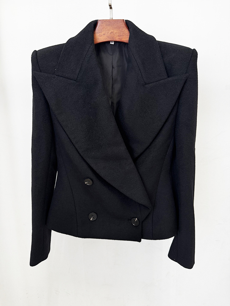Early Autumn Double Breasted Simple Slim Fit Large Collared Woolen Jacket Coat - Image 3