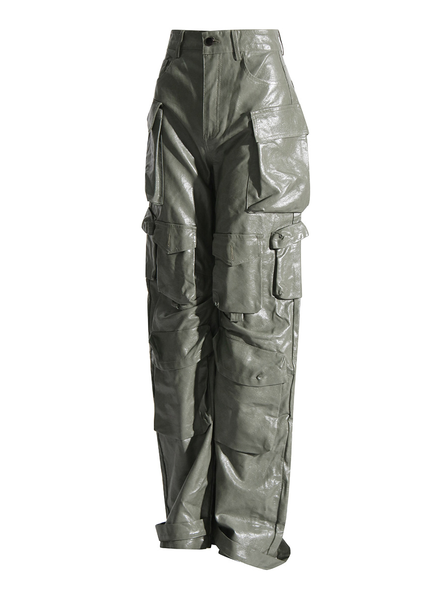 Unique High Waist Large Pocket Faux Leather Straight Leg Pants - Image 2