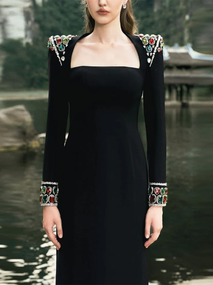 Elegant Heavy Industry Gem Diamond Long Sleeve Maxi Dress Formal Dress - Image 2