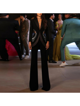 Hollow Out Cutout out Rhinestone Blazer Trousers Two Piece Sets
