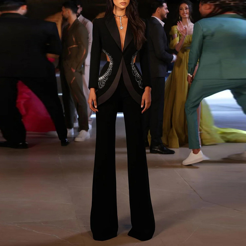 Hollow Out Cutout out Rhinestone Blazer Trousers Two Piece Sets