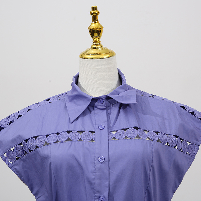 Solid Color Dress Summer Polo Collar Hollow Out Cutout out Belt Waist Trimming Short Sleeved Large Swing Dress - Image 9