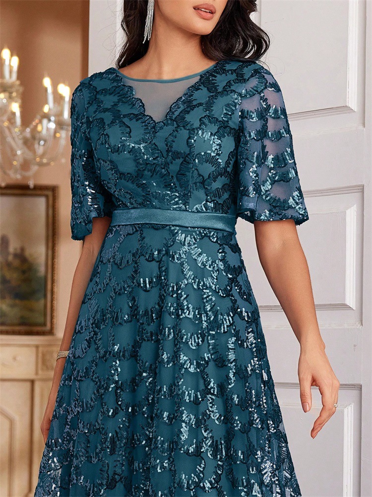 Sequined A line Elegant Square Collar Short Sleeve Party Dress - Image 4