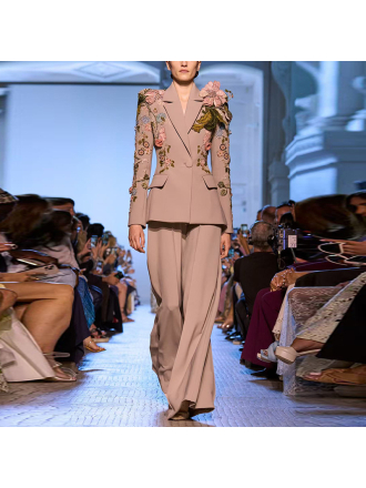 Heavy Industry Beads Three Dimensional Floral Jacket Coat Wide Leg Pants Two Piece Set