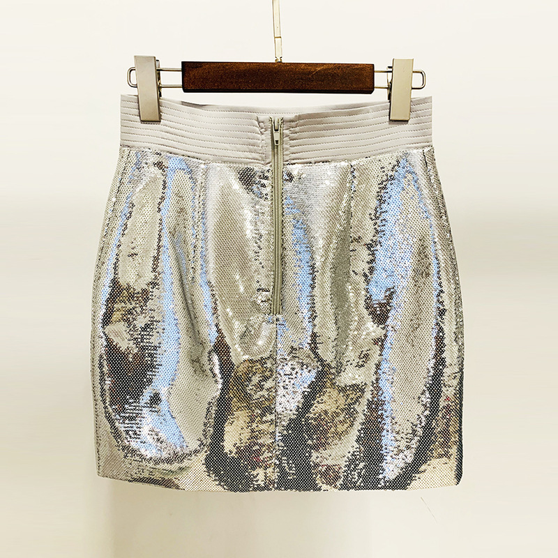Metallic Coated Fabric Goods Personality Bling Shiny Sequ Short Suit Mid Length Skirt Set Two Piece Set - Image 5