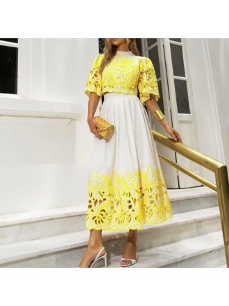 Round Neck Hollow Out Cutout Short Top High Waist Skirt Embroidery Contrast Color Two Piece
