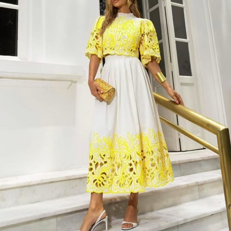Round Neck Hollow Out Cutout Short Top High Waist Skirt Embroidery Contrast Color Two Piece