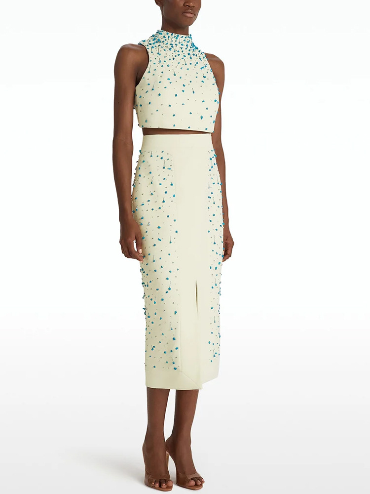 Heavy Industry Beads Vest Top Split Skirt Two Piece Sets - Image 2