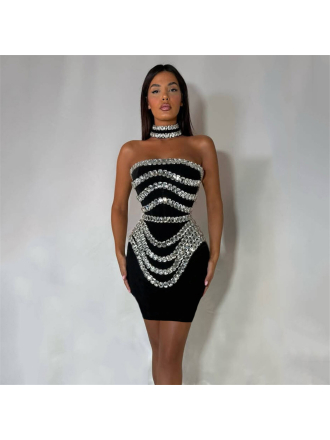 Handmade Beaded Rhinestone Off the Shoulder Bandage One-Piece Evening Party Dress