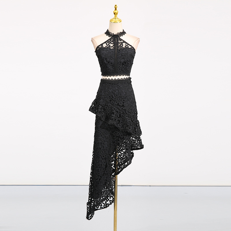 Casual Seaside Vacation Two Piece Set Lace Sleeveless Top Irregular Asymmetric Skirt Lace Set - Image 9