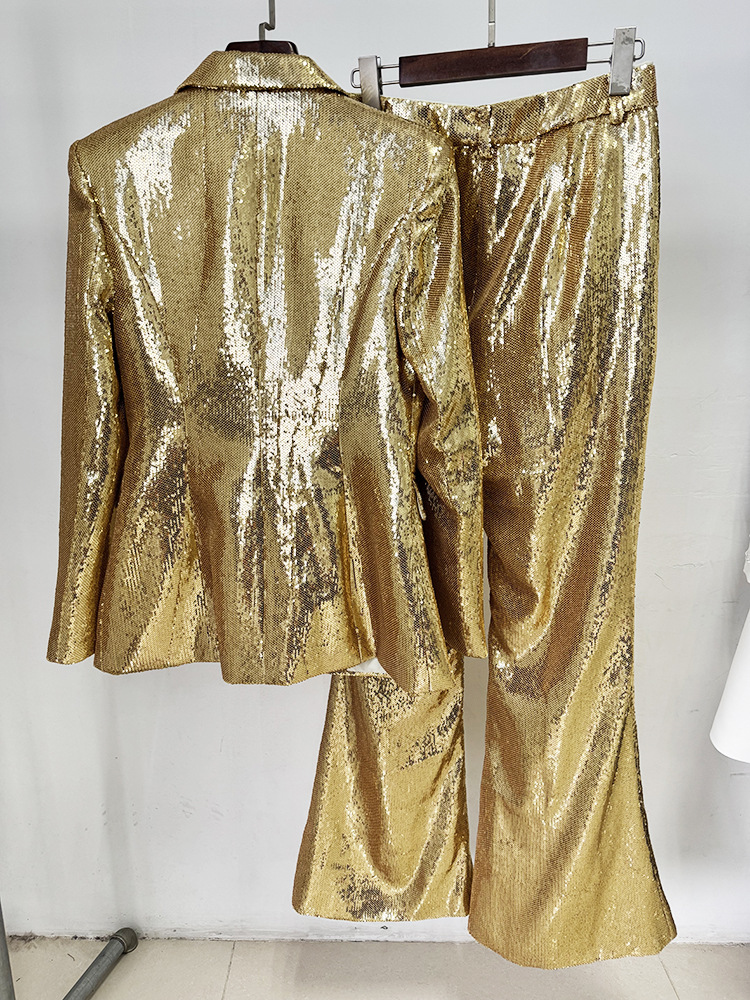 Star Fashionable Golden Sequined Blazer Trousers Two Piece Sets - Image 2