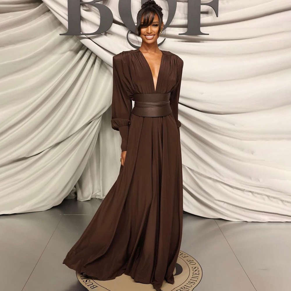 Chocolate Design Waist Seal Pleated Brown Dress - Image 3