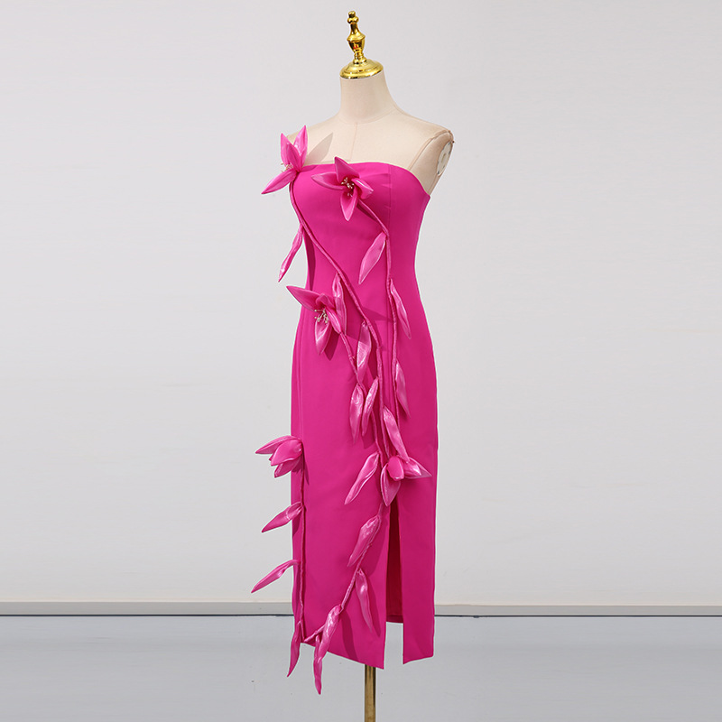 Elegant Summer Patchwork Three Dimensional Floral Slim Fit Slit Dress - Image 4
