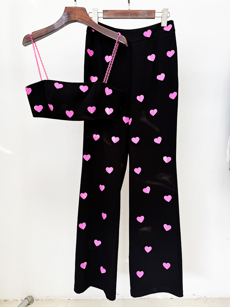 Spring Summer Heart Shaped Sequin Sling Vest Pants Two Piece Set - Image 3