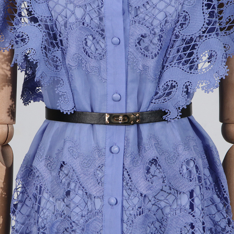 Refined Handmade Lace Patchwork Stand Collar Short Sleeve Belt Decoration Hollow Out Cutout Dress - Image 6