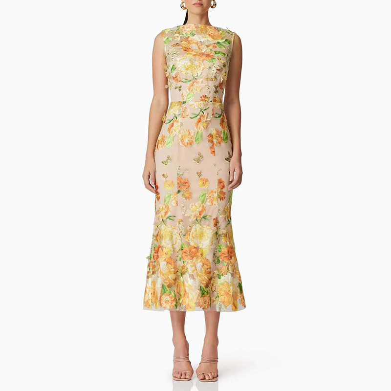 Embroidery Three Dimensional Floral Slim Fit Figure Flattering Maxi Dress