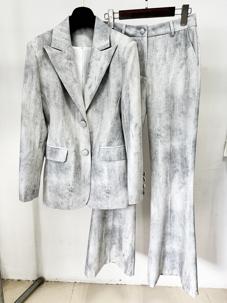 Spring Tie Dyed Printed Slim Fit Mid Length Blazer Trousers Two Piece Set - Image 11