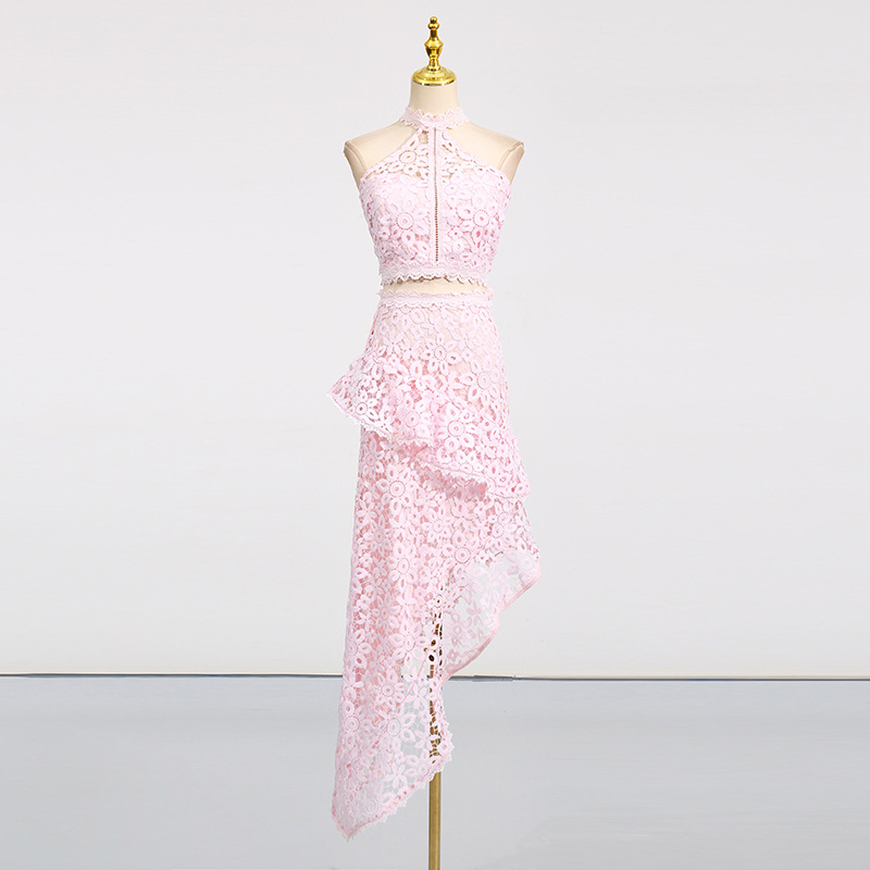 Casual Seaside Vacation Two Piece Set Lace Sleeveless Top Irregular Asymmetric Skirt Lace Set - Image 7