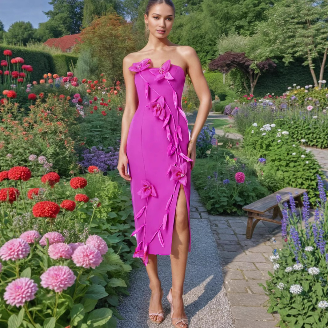 Elegant Summer Patchwork Three Dimensional Floral Slim Fit Slit Dress