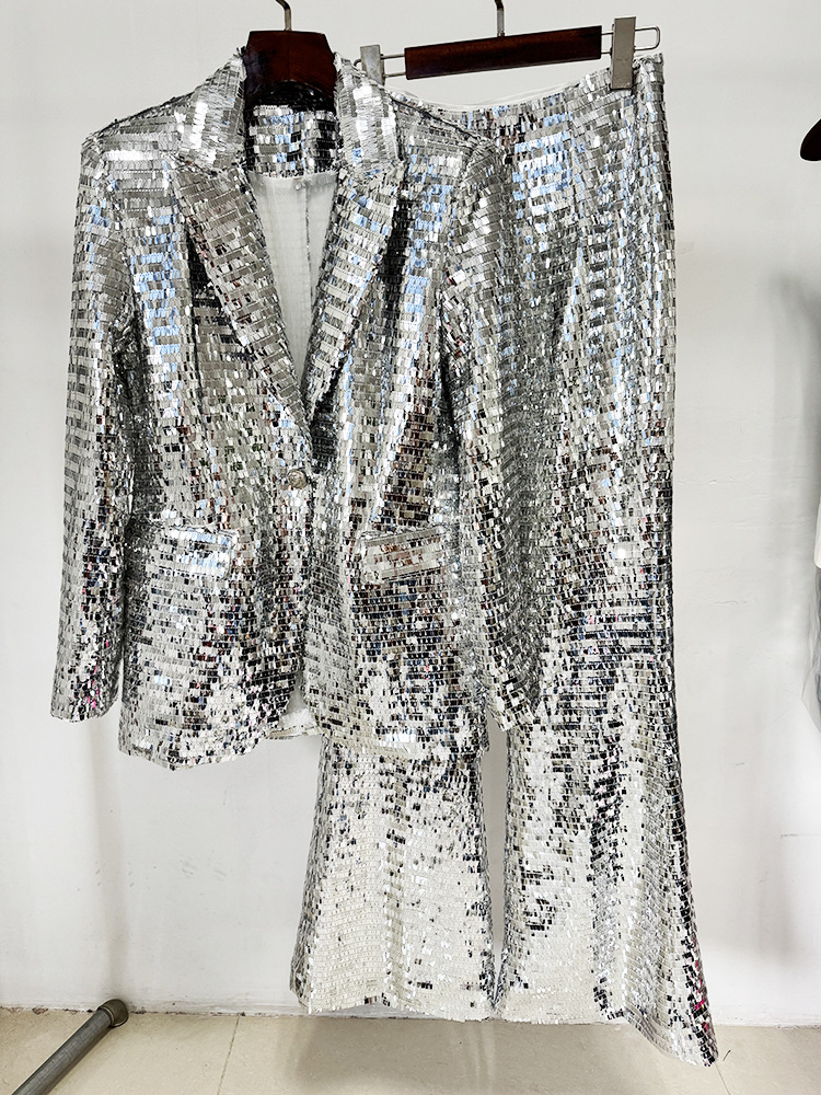 Spring Summer One Button Mesh Sequ Work Pant Two Piece Set - Image 2