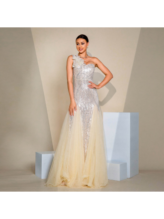 One Shoulder Diagonal Collar Slim Fit Sheath Sequined Split Cocktail Evening Dress