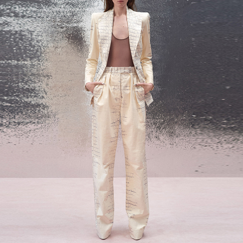 Crocodile Leather Print Blazer Trousers Two Piece Sets